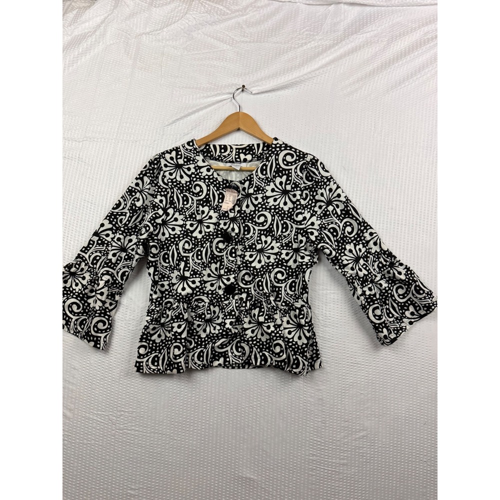 Dressbarn Womens Black White Floral Paisley Bell Sleeve Peplum Top Large NWT